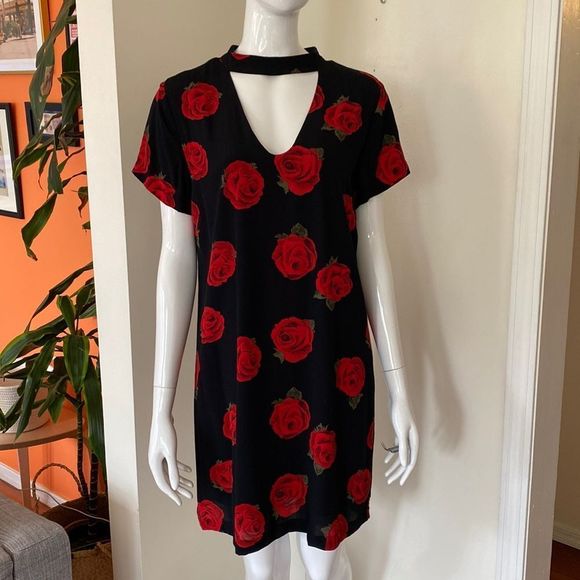 Sanctuary Red & Black Rose Print Madeline Tunic Dress Size Large - Picture 2 of 9